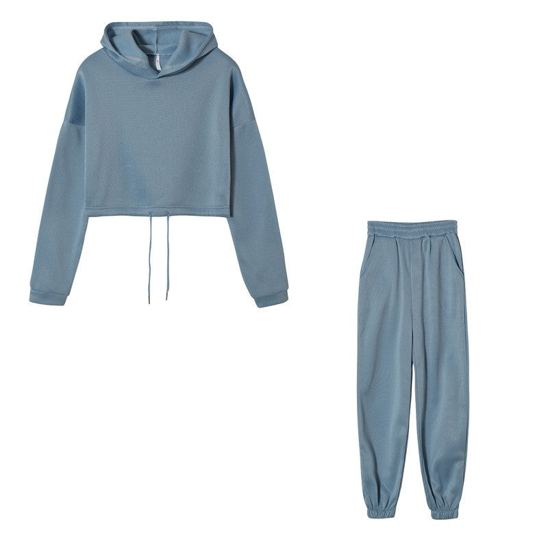 Brushed Fleece Cropped Hoodie And Jogger Athletic Set - Dusty Blue