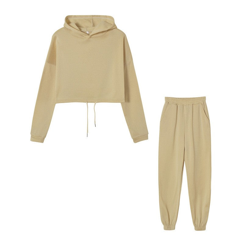Brushed Fleece Cropped Hoodie And Jogger Athletic Set - Khaki