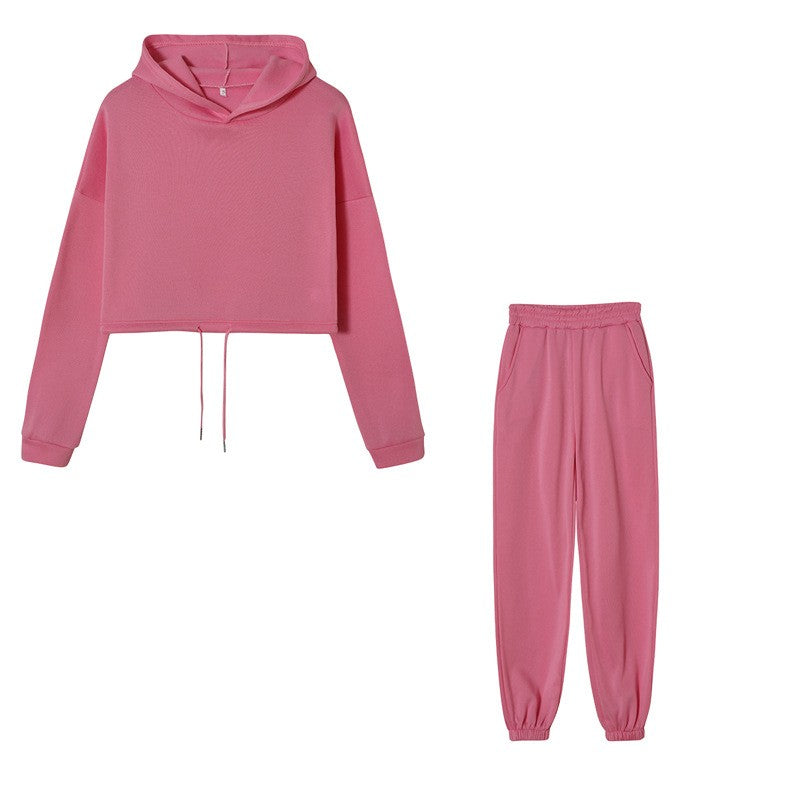 Brushed Fleece Cropped Hoodie And Jogger Athletic Set - Pink