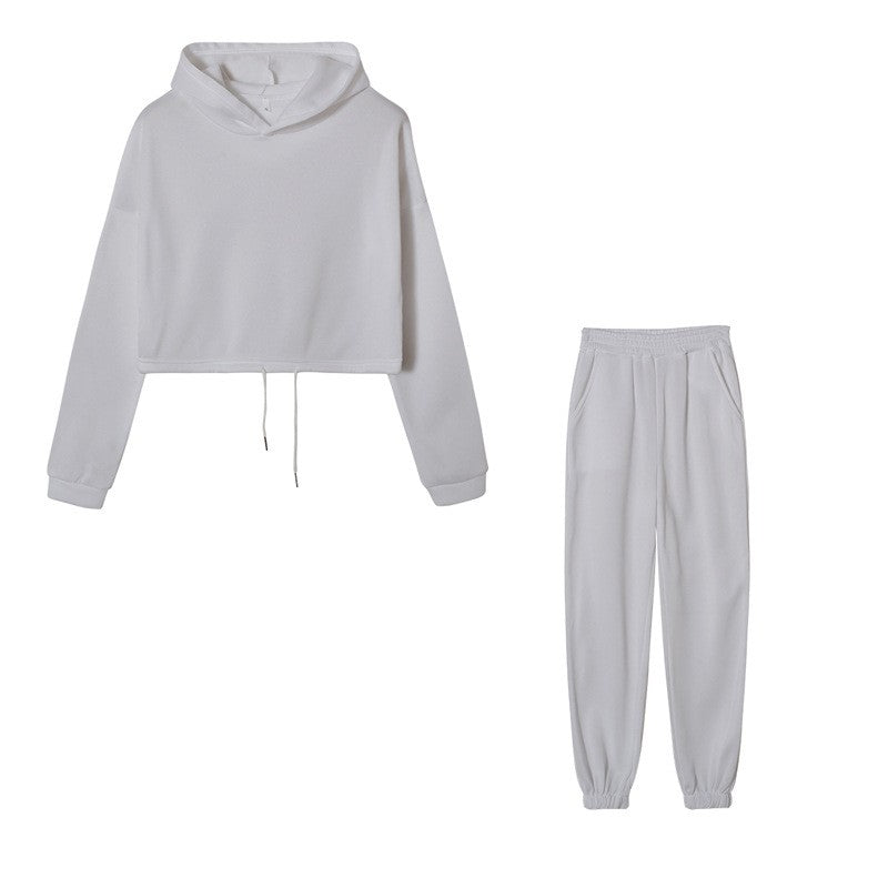 Brushed Fleece Cropped Hoodie And Jogger Athletic Set - White