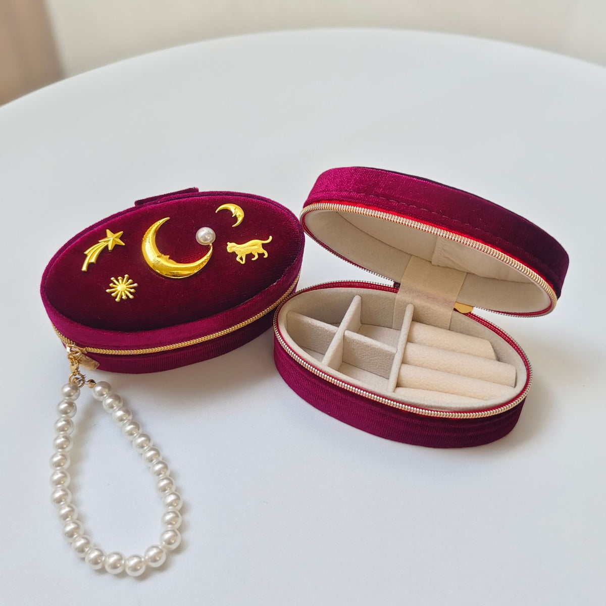 Celestial Velvet Travel Jewelry Case With Pearl Strap - Red