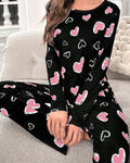 Cozy Heart Print Two Piece Pajama Set - Black