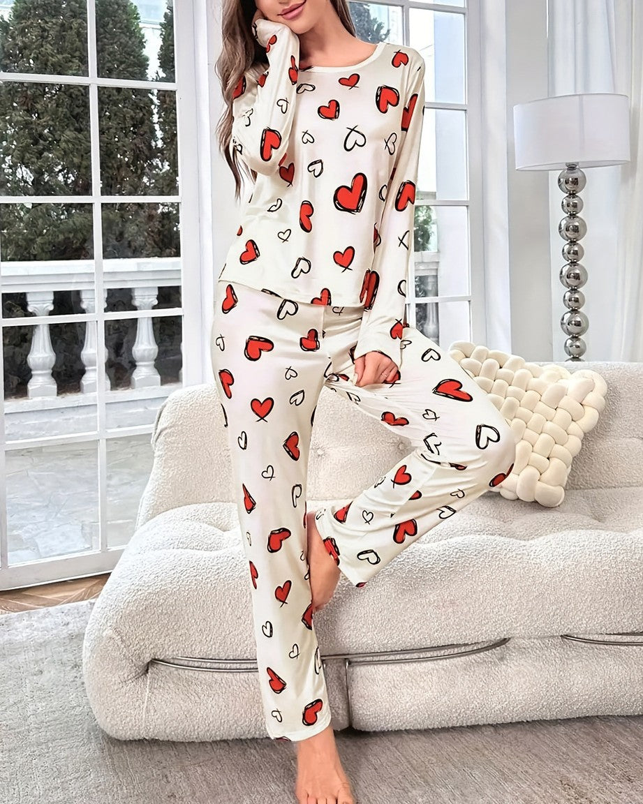 Cozy Heart Print Two Piece Pajama Set - White - 1