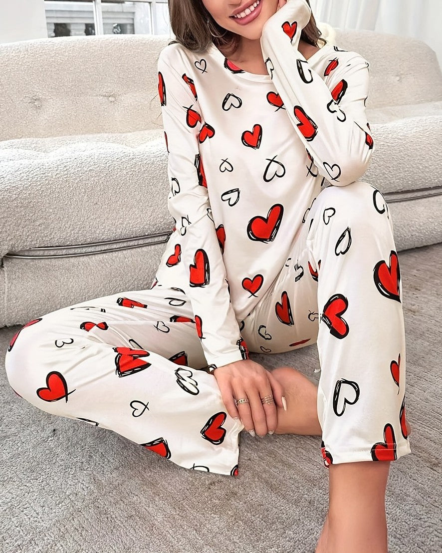 Cozy Heart Print Two Piece Pajama Set - White - 2