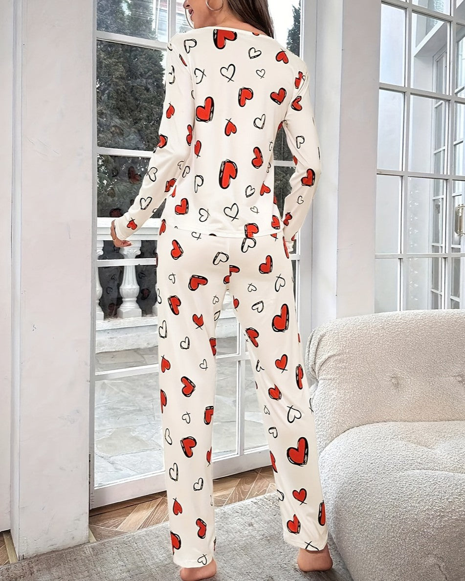 Cozy Heart Print Two Piece Pajama Set - White - 3