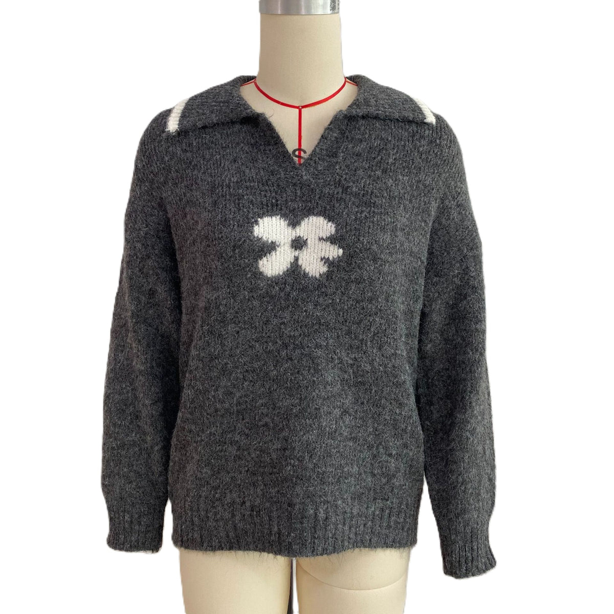 Flower Motif Collared Knit Sweater with V Neck - DarkGrey