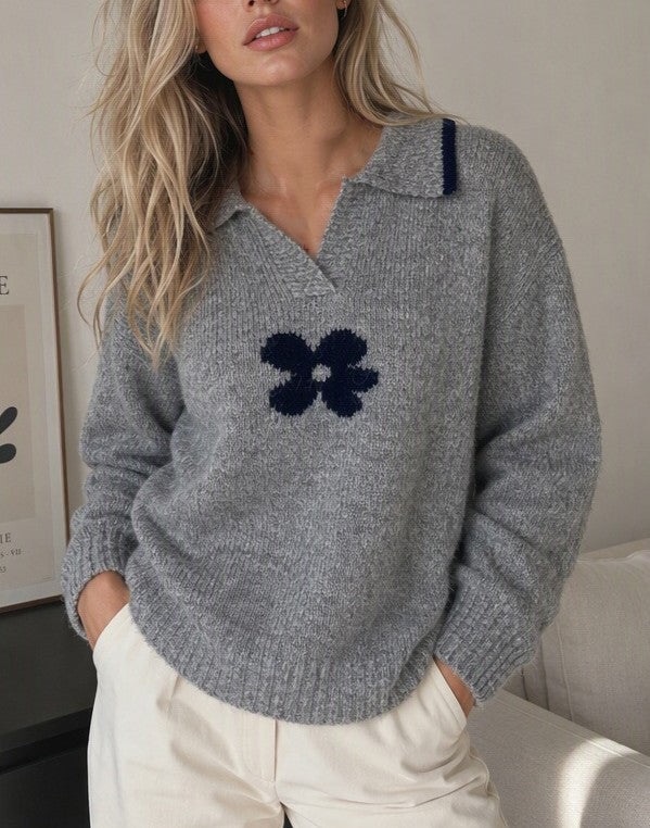 Flower Motif Collared Knit Sweater with V Neck - Grey