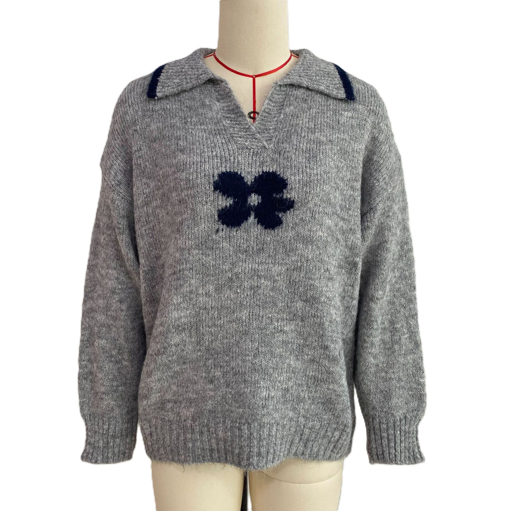 Flower Motif Collared Knit Sweater with V Neck - Grey - 1