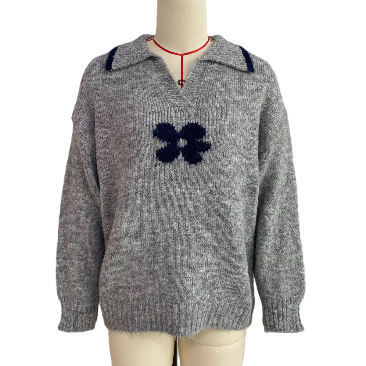 Flower Motif Collared Knit Sweater with V Neck - Grey - 1