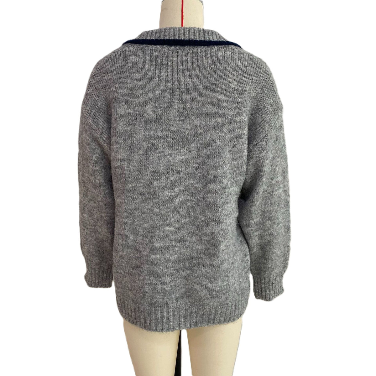 Flower Motif Collared Knit Sweater with V Neck - Grey - 2
