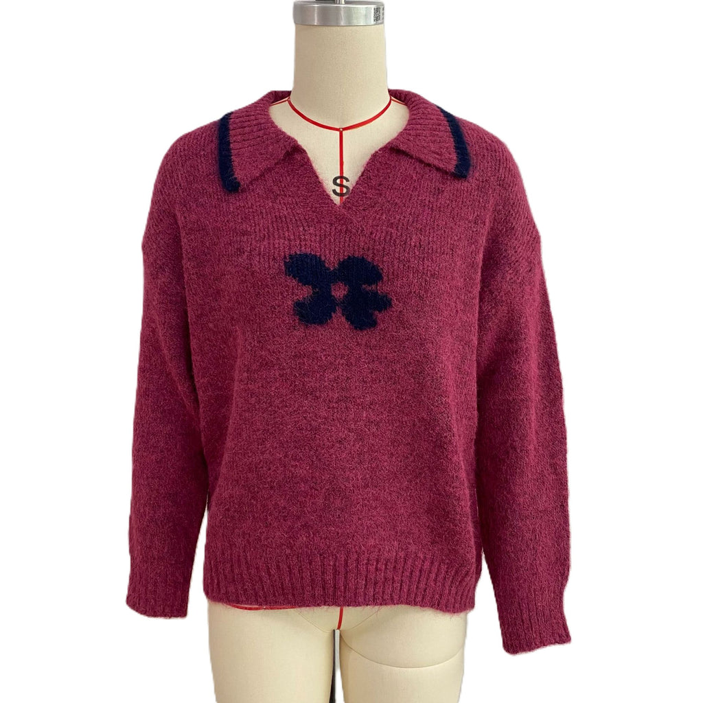 Flower Motif Collared Knit Sweater with V Neck - RosePink