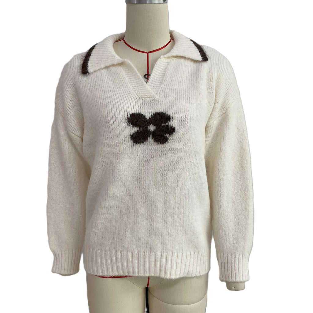 Flower Motif Collared Knit Sweater with V Neck - White