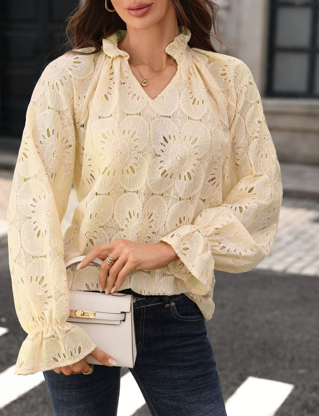 Eyelet Embroidered Lantern Sleeve Blouse - Apricot