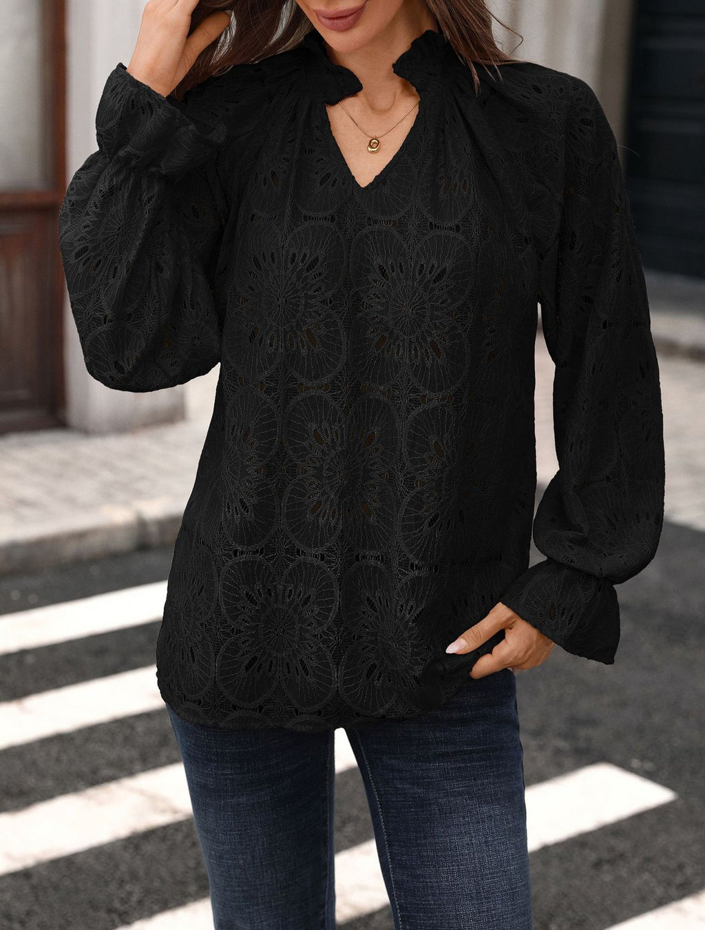 Eyelet Embroidered Lantern Sleeve Blouse - Black