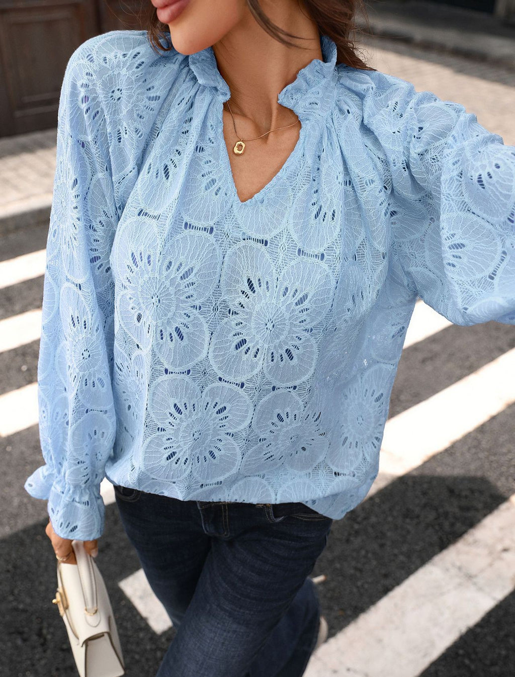 Eyelet Embroidered Lantern Sleeve Blouse - Blue
