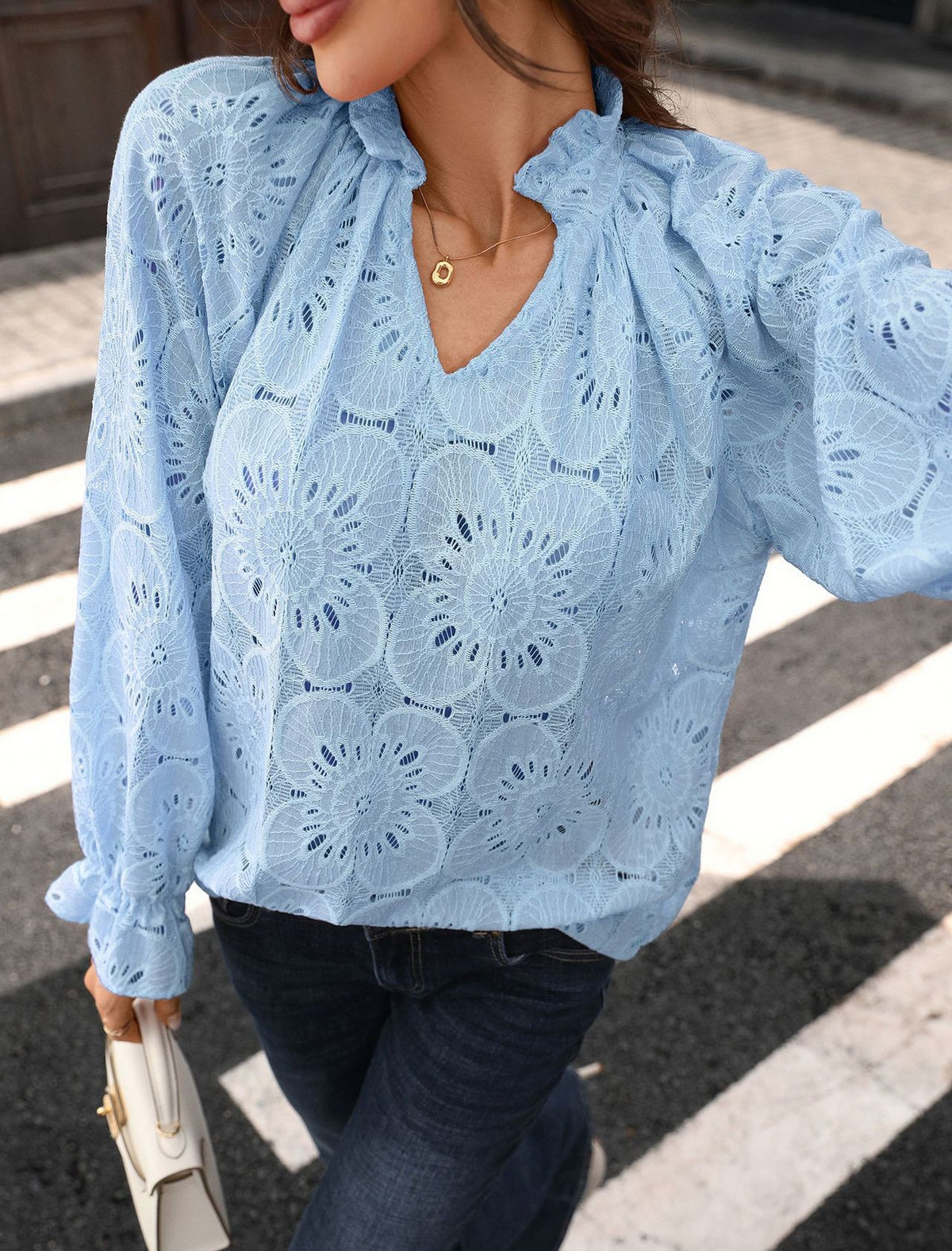 Eyelet Embroidered Lantern Sleeve Blouse - Blue