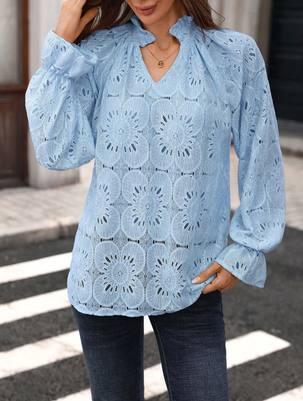 Eyelet Embroidered Lantern Sleeve Blouse - Blue - 1