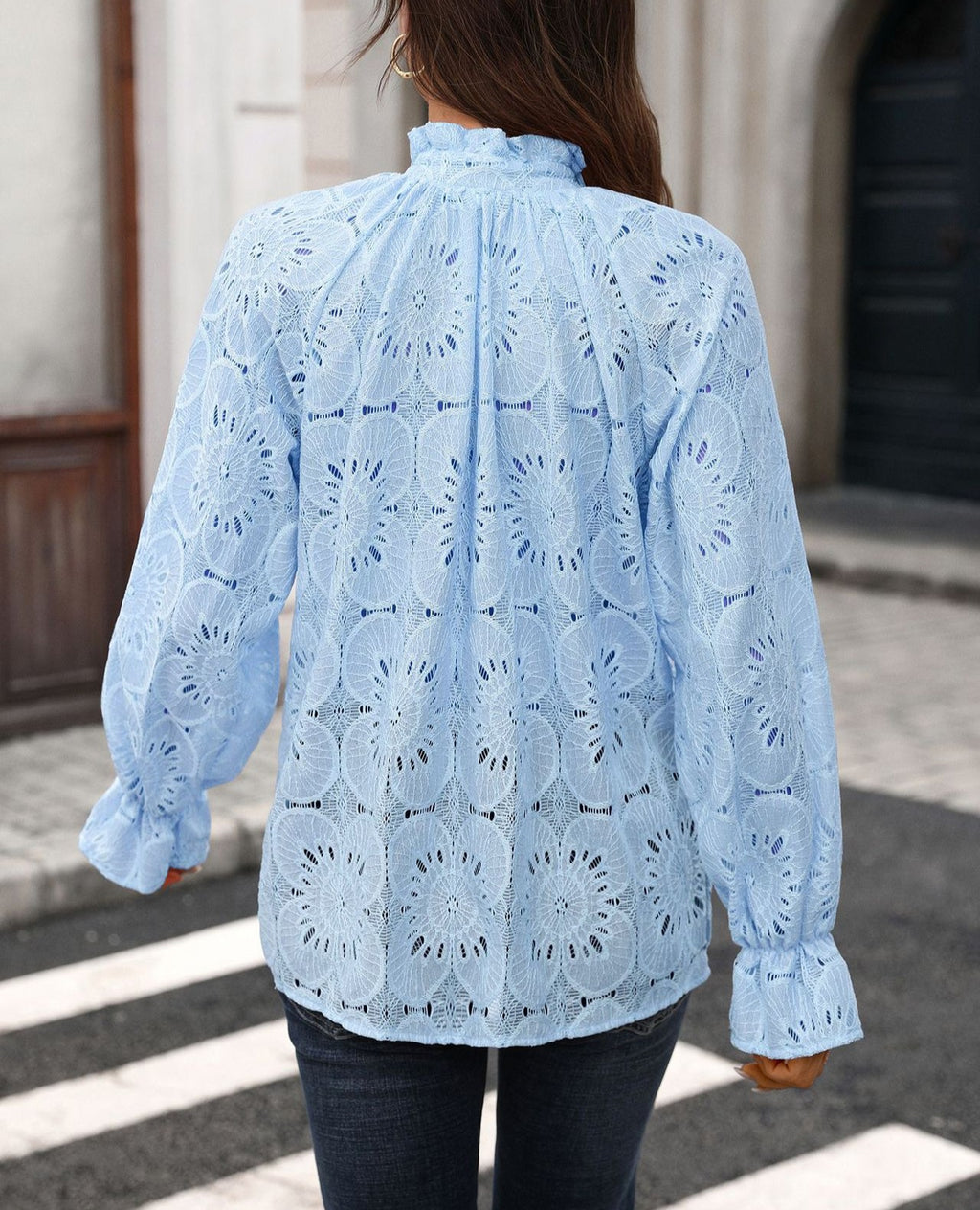 Eyelet Embroidered Lantern Sleeve Blouse - Blue - 2