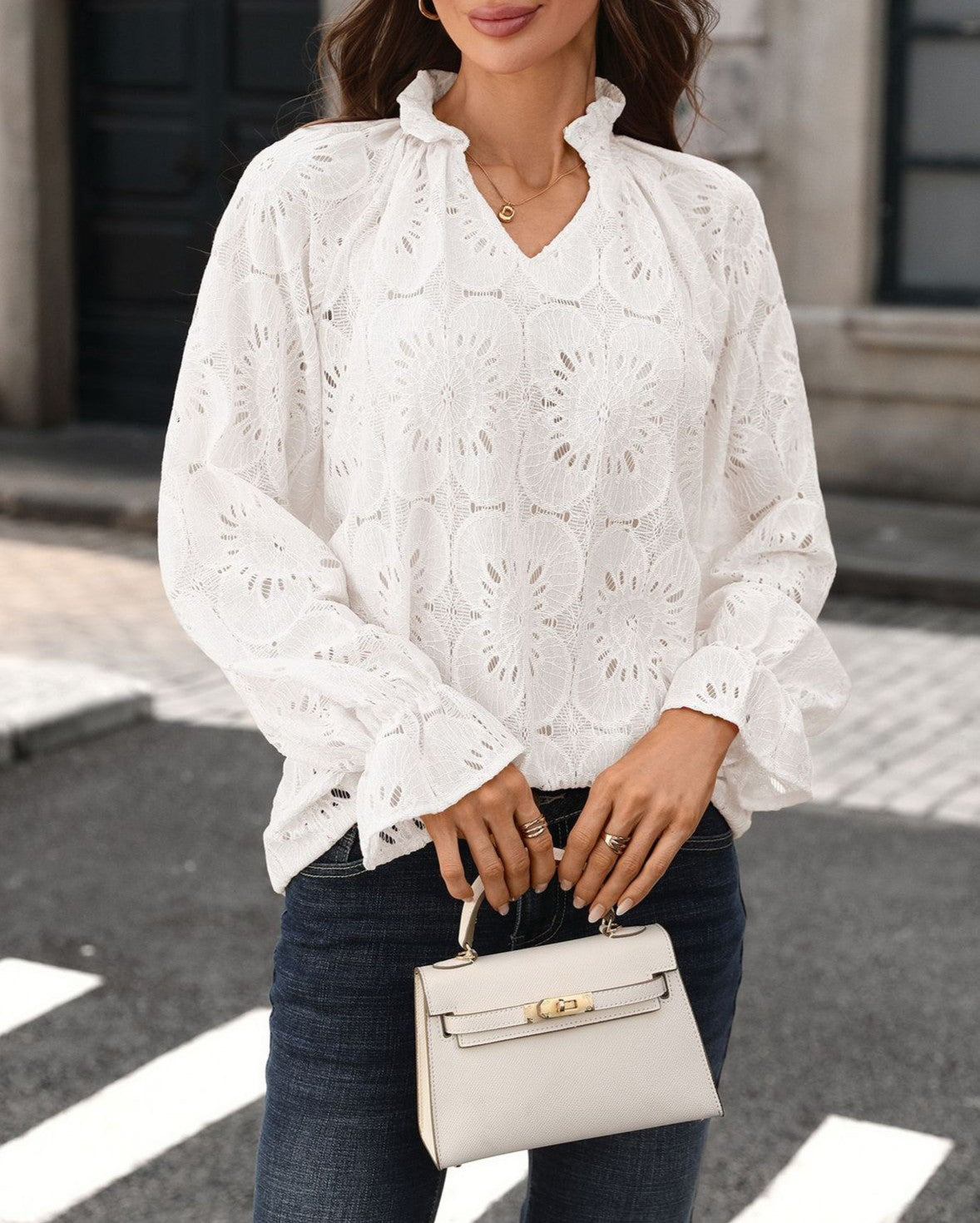 Eyelet Embroidered Lantern Sleeve Blouse - White