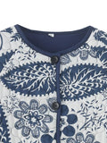 Floral Print Quilted Button Front Jacket - Blue