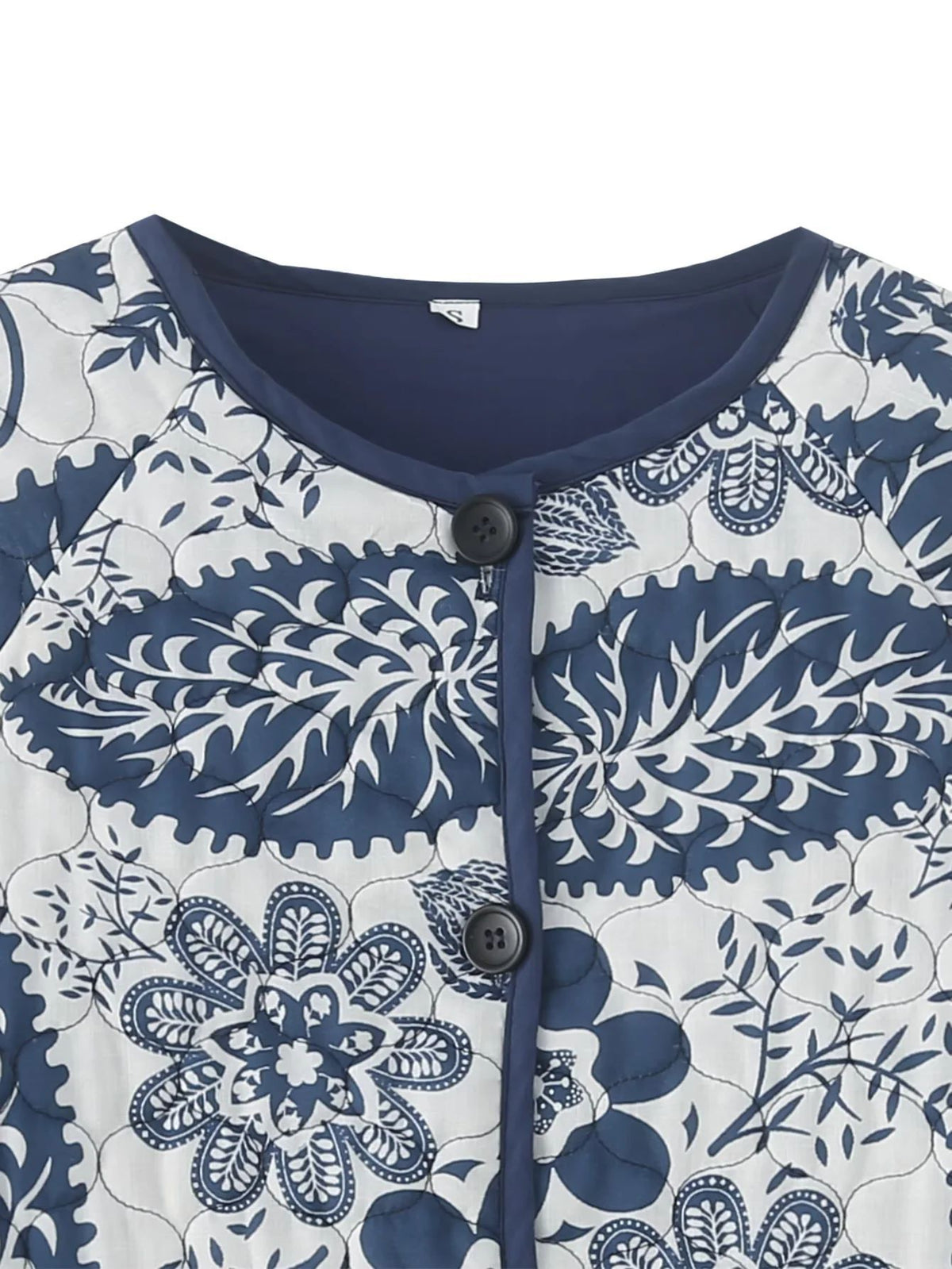Floral Print Quilted Button Front Jacket - Blue
