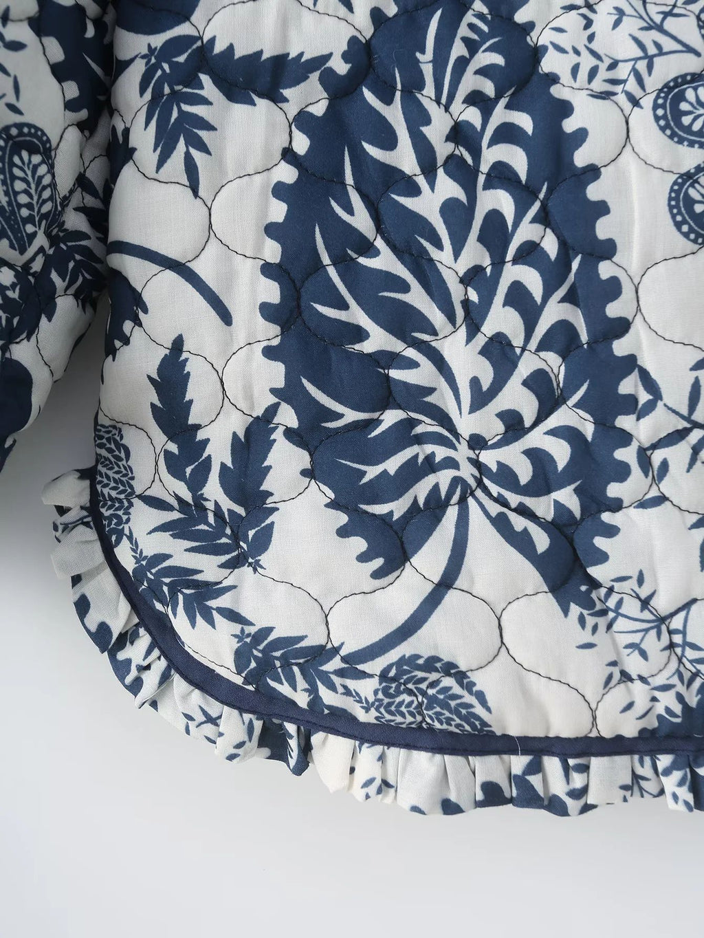Floral Print Quilted Button Front Jacket - Blue - 1