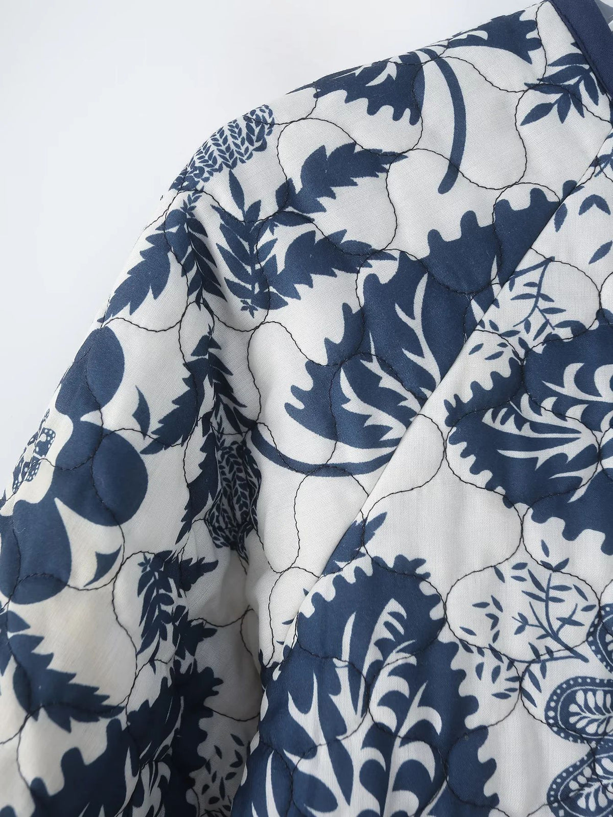 Floral Print Quilted Button Front Jacket - Blue - 3