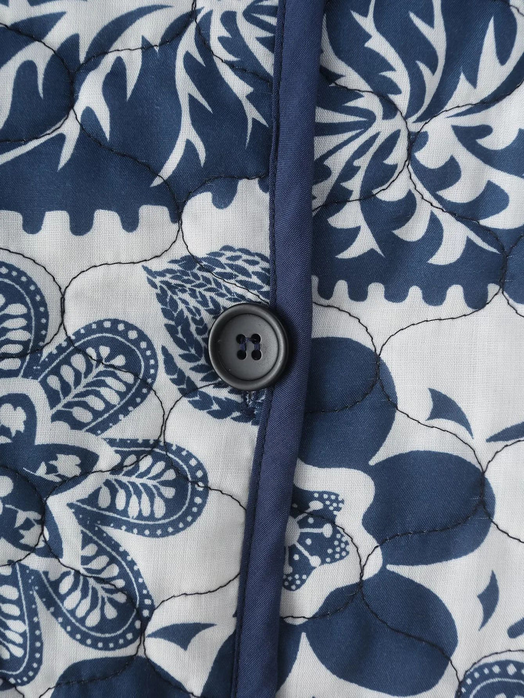 Floral Print Quilted Button Front Jacket - Blue - 4