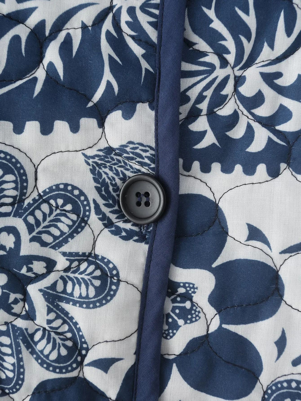 Floral Print Quilted Button Front Jacket - Blue - 4