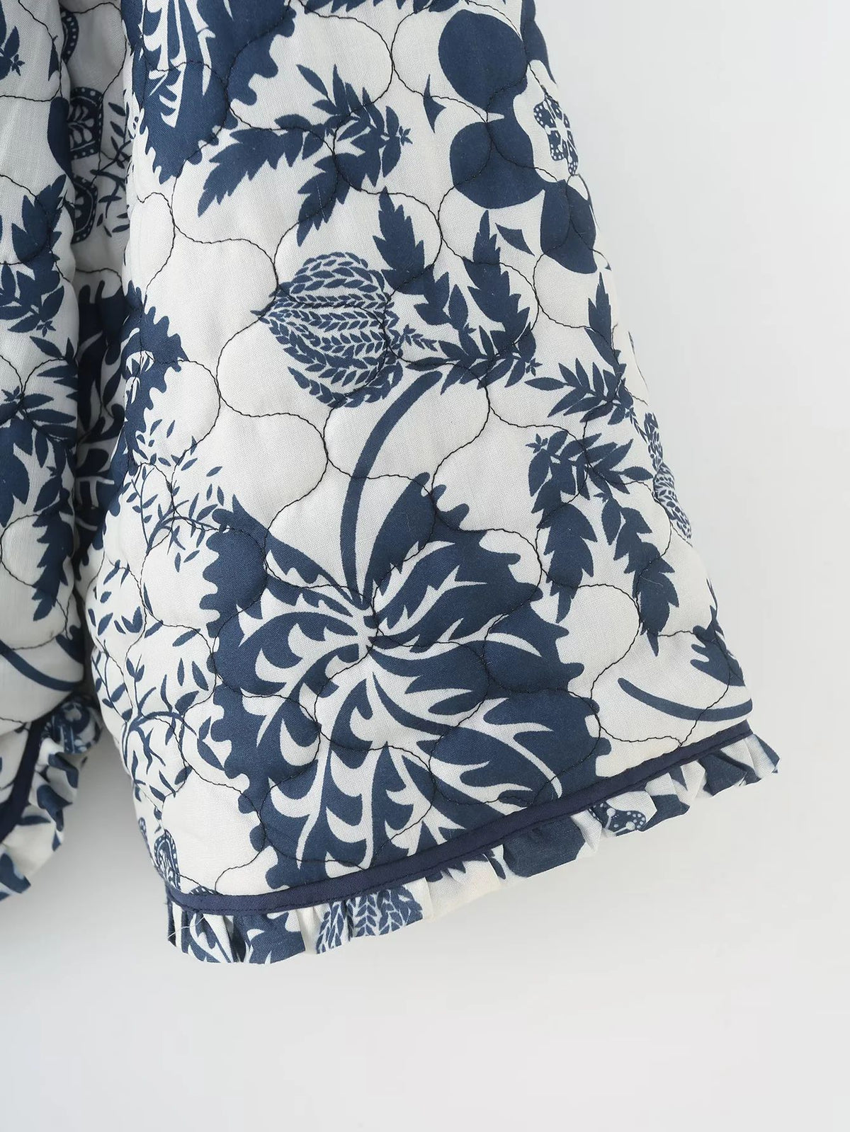 Floral Print Quilted Button Front Jacket - Blue - 5