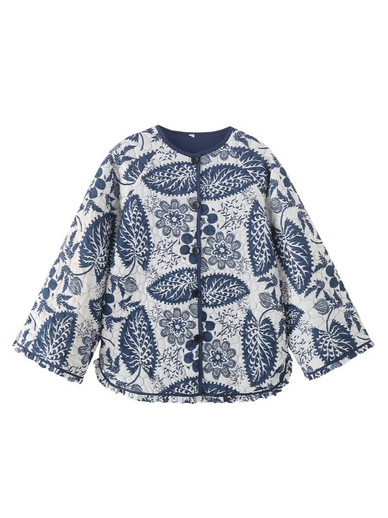 Floral Print Quilted Button Front Jacket