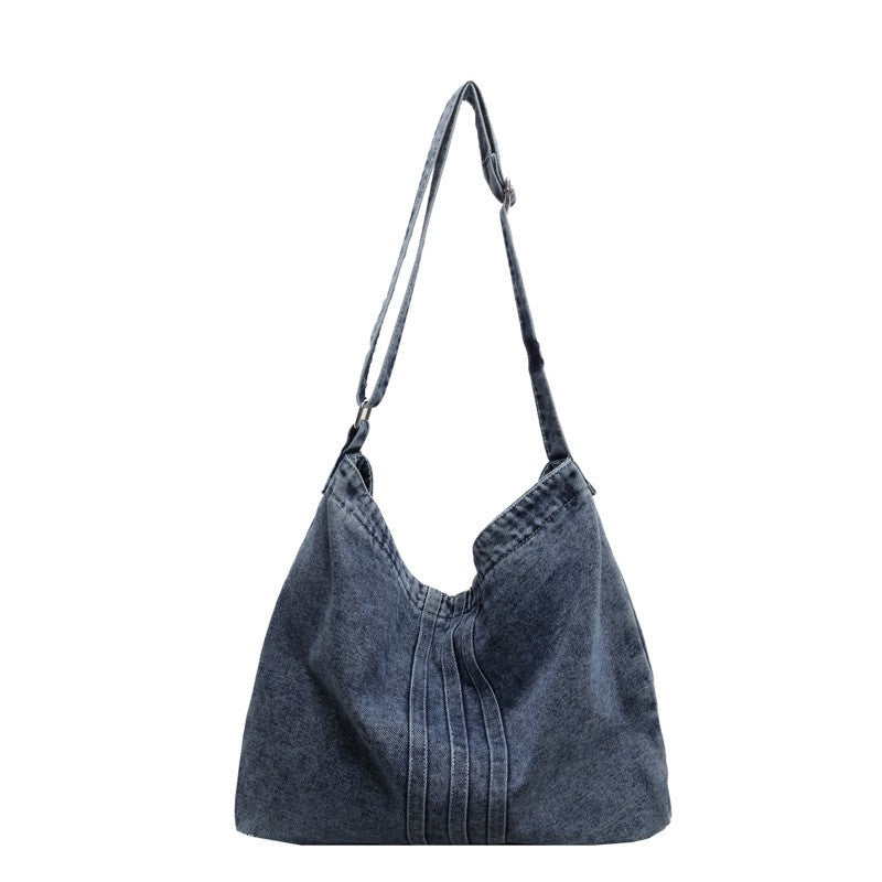 Washed Denim Slouchy Hobo Shoulder Bag - Dark Wash