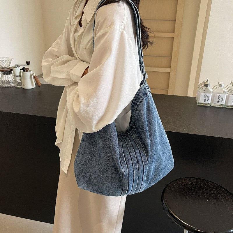 Washed Denim Slouchy Hobo Shoulder Bag