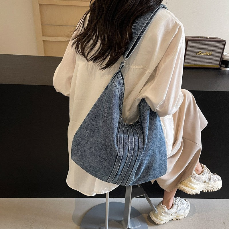 Washed Denim Slouchy Hobo Shoulder Bag