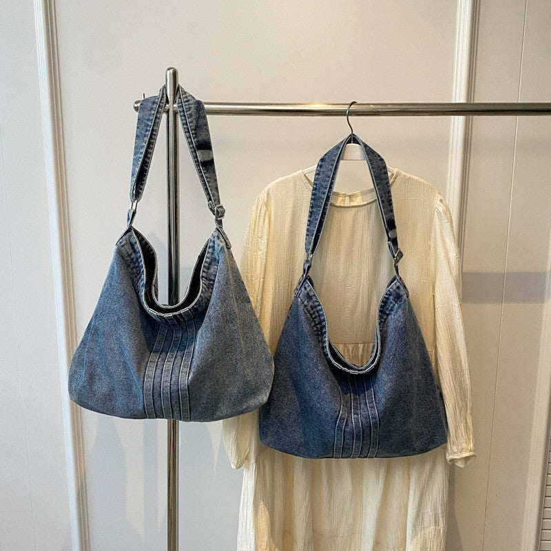Washed Denim Slouchy Hobo Shoulder Bag