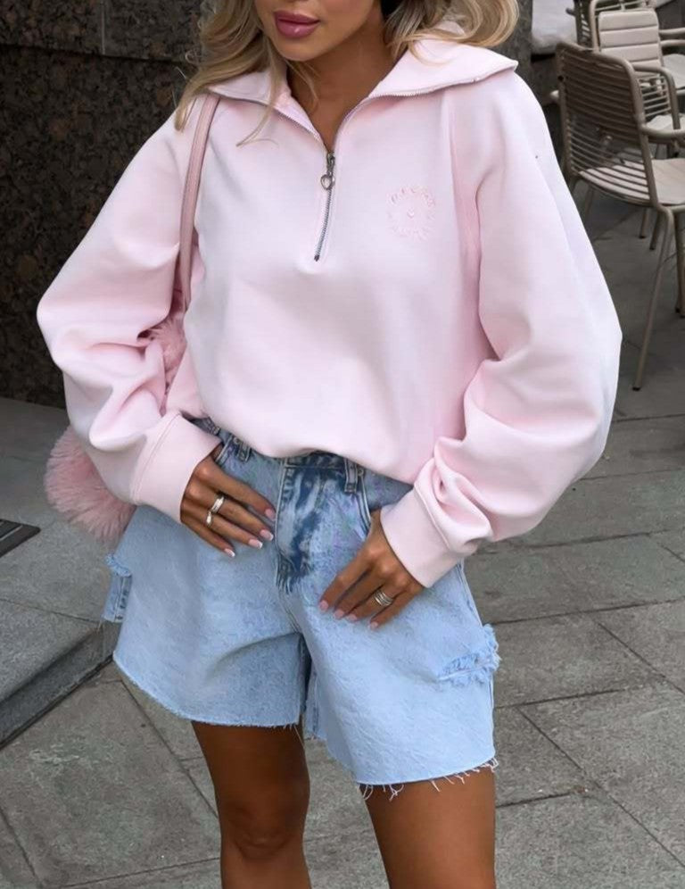 Embroidered Bow Half Zip Collared Sweatshirt - Pink - 1