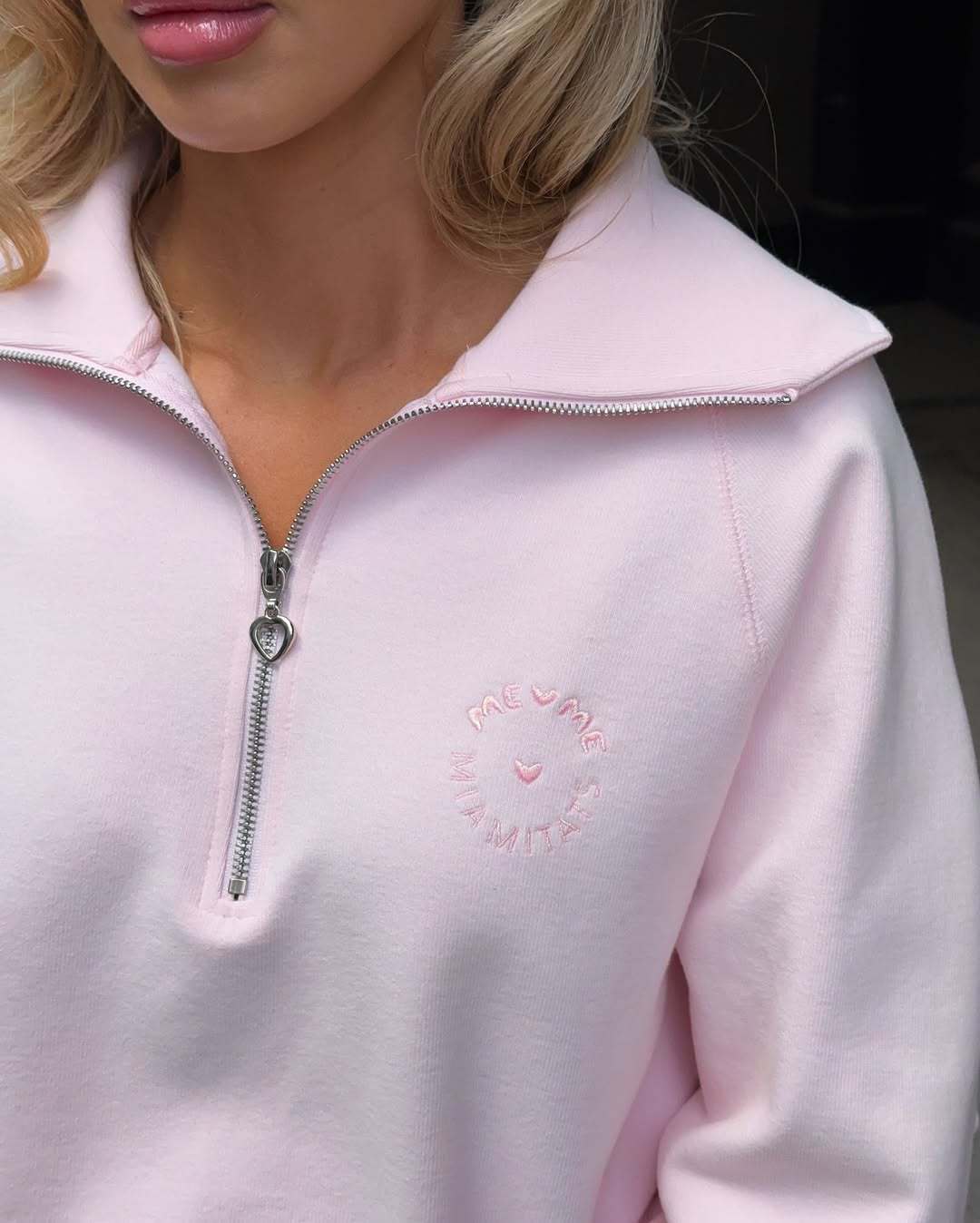 Embroidered Bow Half Zip Collared Sweatshirt - Pink - 2