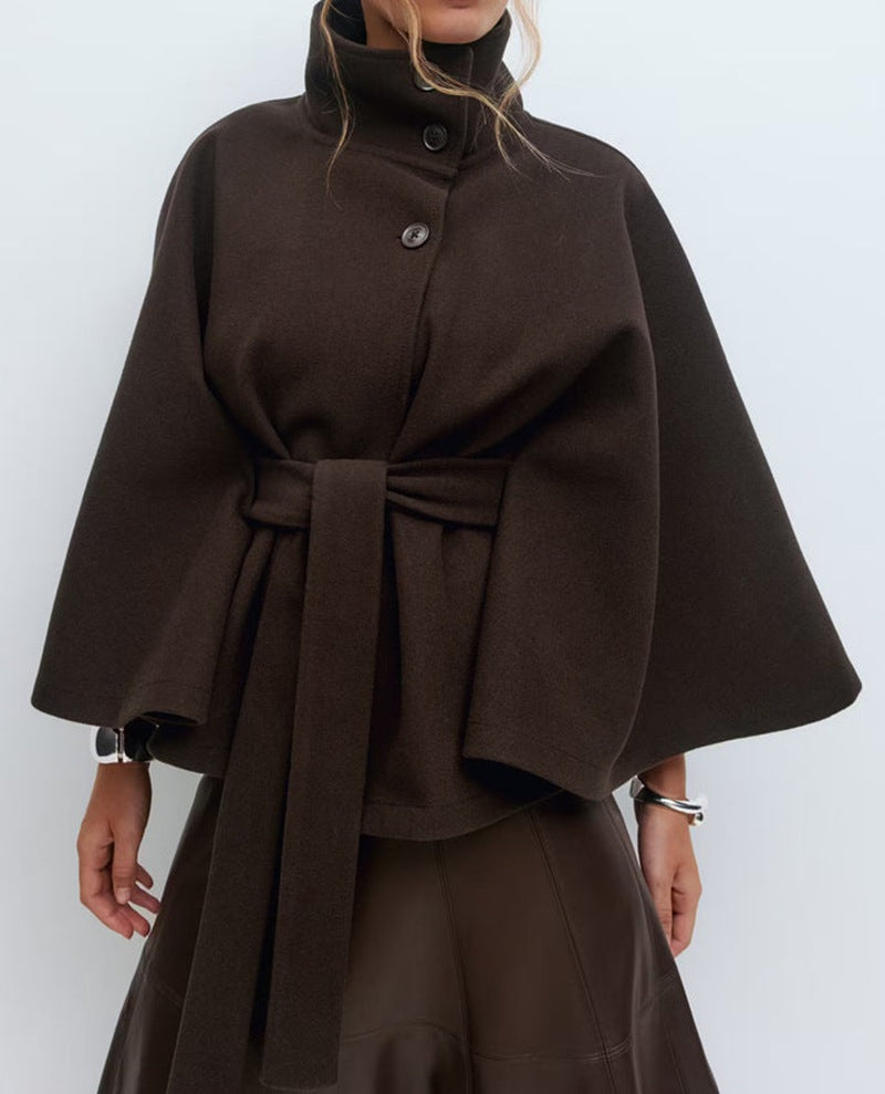 Belted Cape Coat With Stand Collar - DarkCoffee