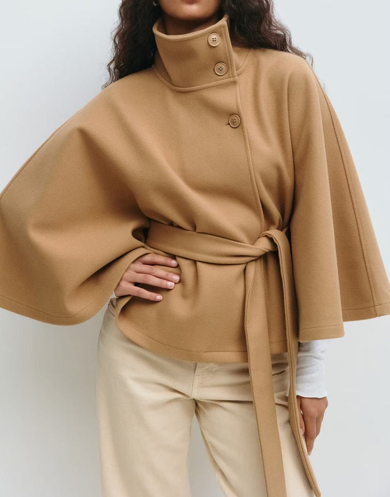 Belted Cape Coat With Stand Collar - Khaki