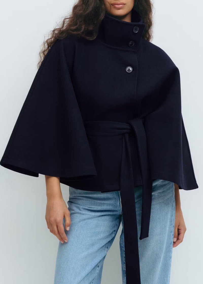 Belted Cape Coat With Stand Collar - Navy