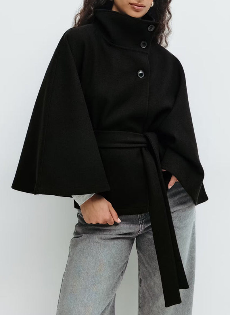 Belted Cape Coat With Stand Collar - black