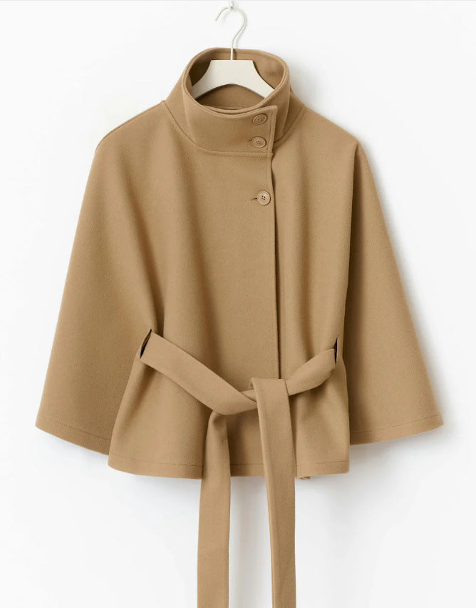 Belted Cape Coat With Stand Collar