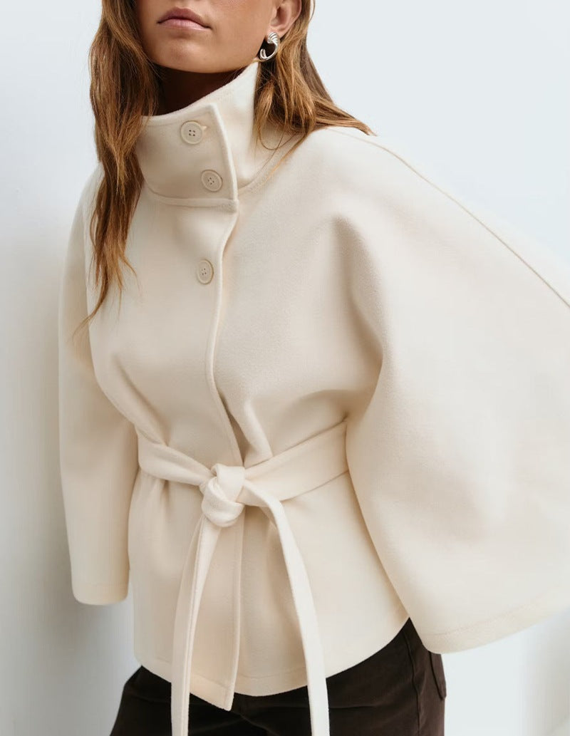 Belted Cape Coat With Stand Collar - white