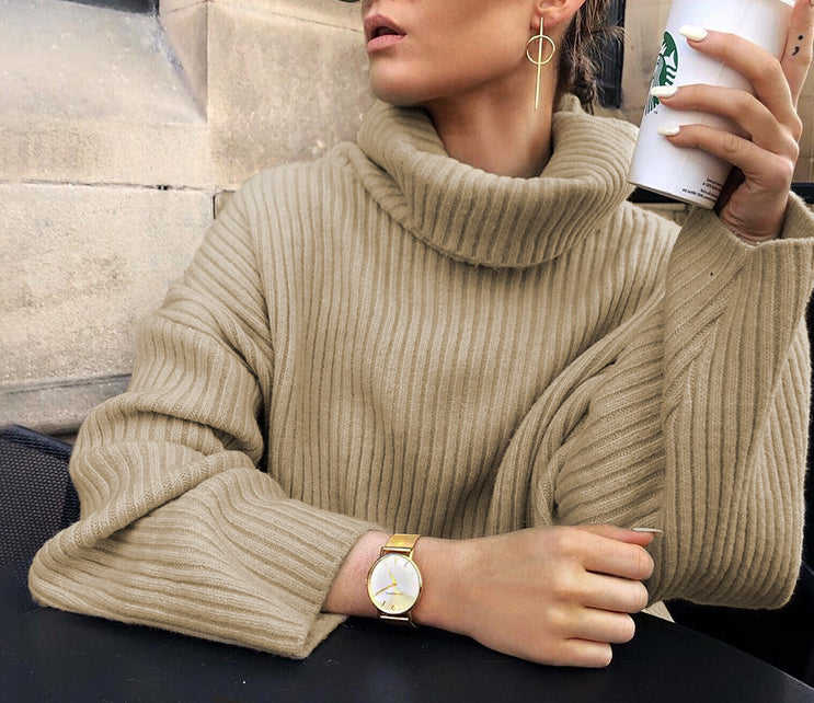 Chunky Ribbed Turtleneck Oversized Sweater - Khaki