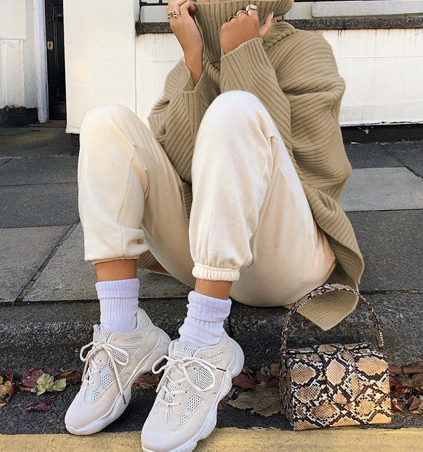 Chunky Ribbed Turtleneck Oversized Sweater - Khaki - 1