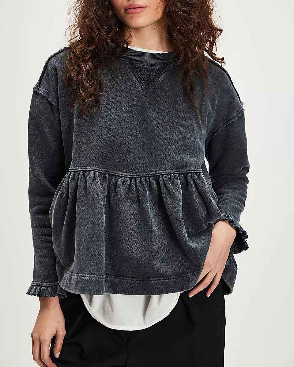 Washed Peplum Ruffle Hem Sweatshirt - Black