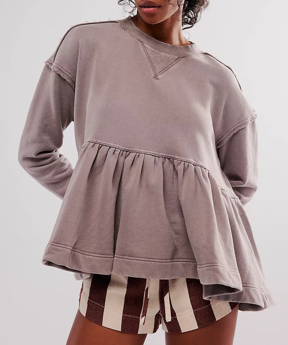 Washed Peplum Ruffle Hem Sweatshirt - Khaki