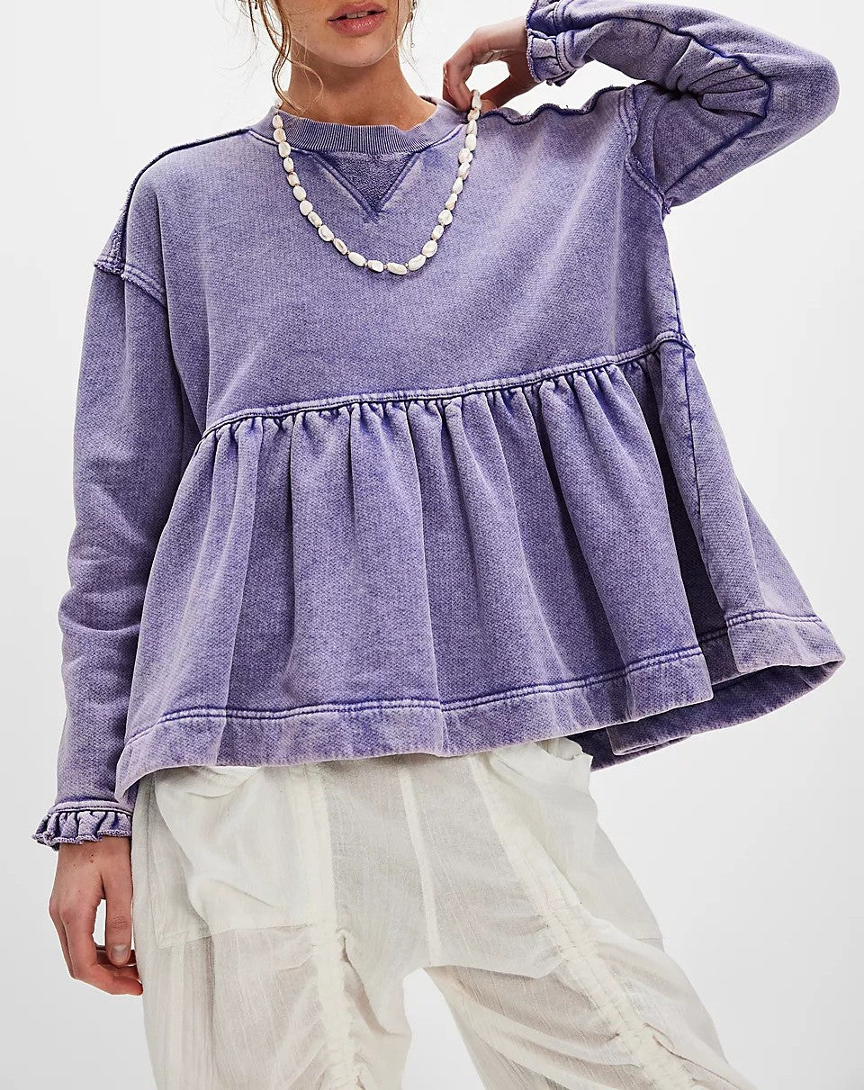 Washed Peplum Ruffle Hem Sweatshirt - Purple