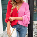 Fuzzy Two Tone V Neck Button Cardigan - RoseRed