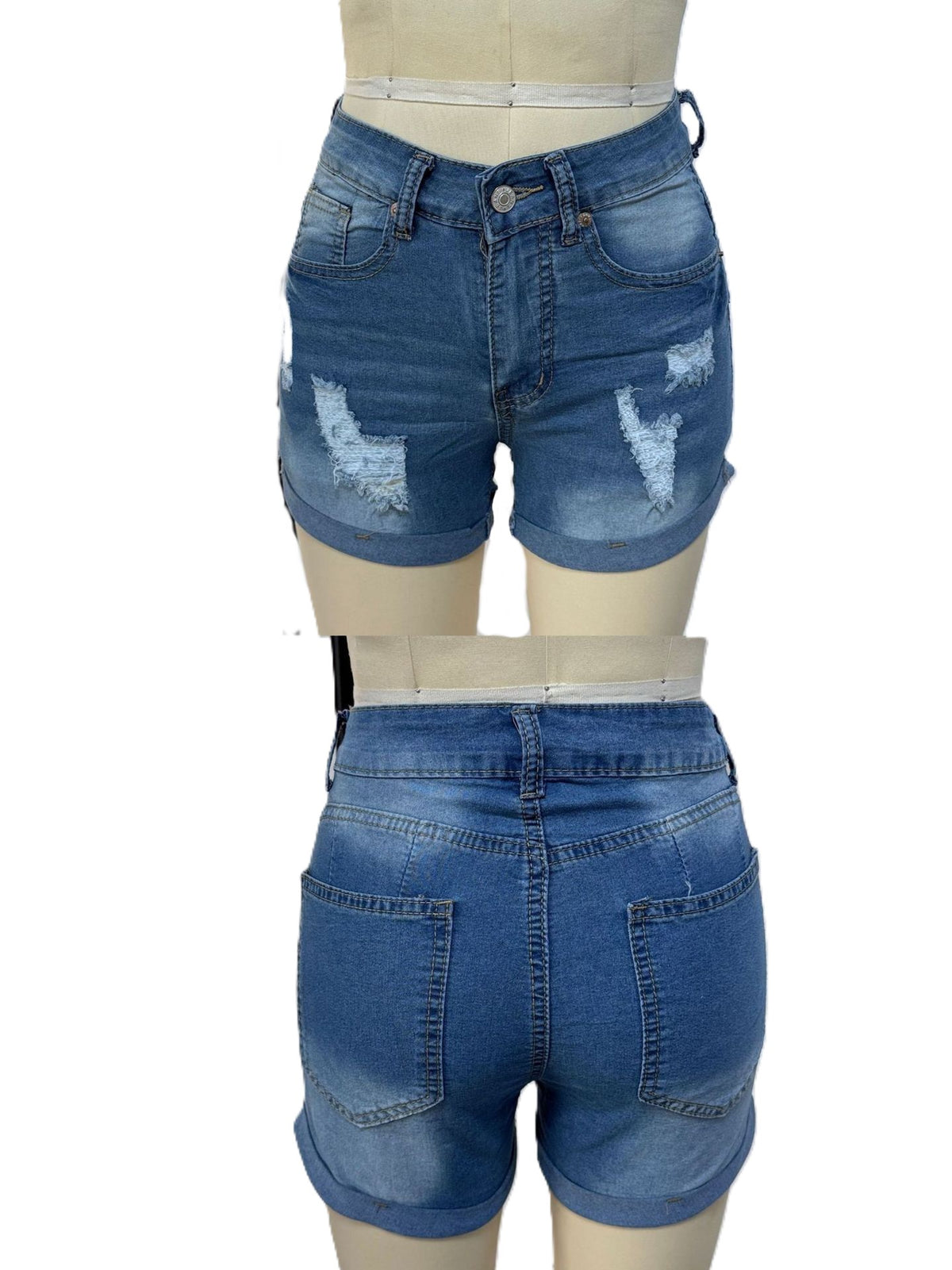 Distressed Cuffed Hem Denim Shorts - Blue